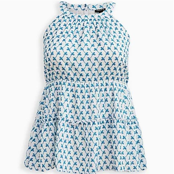 NWT Torrid 2X 18-20 Tiered Babydoll Top, White and Blue - Picture 1 of 11